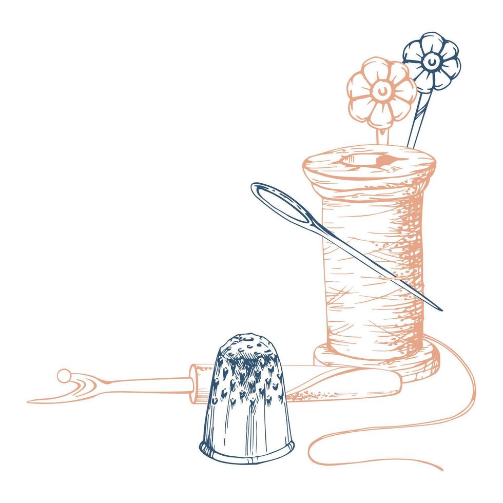 Wooden bobbin thread spool, thimble, seam ripper. Hand drawn ink illustration sewing craft embroidery supplies. Composition isolated on white background. Design atelier, tailor, hobby shop vector