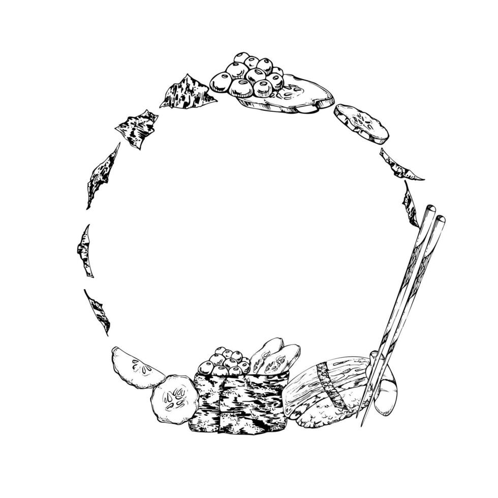 Traditional Japanese food, gunkan nigiri sushi raw fish salmon caviar tamagoyaki, cucumber nori flakes, chopsticks, hand drawn in pen, ink. Wreath frame for restaurant, cafe menu, recipe book vector