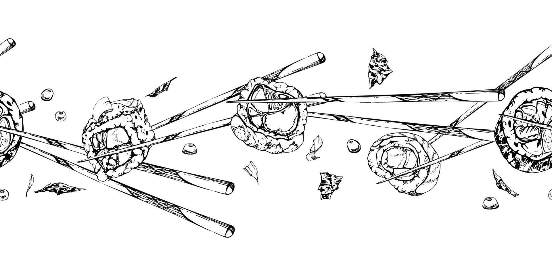 Japanese food sushi rolls california philadelphia alaska on chopsticks with raw fish salmon unagi tuna shrimp, hand drawn in pen and ink. Seamless banner for restaurant, cafe menu, recipe book vector
