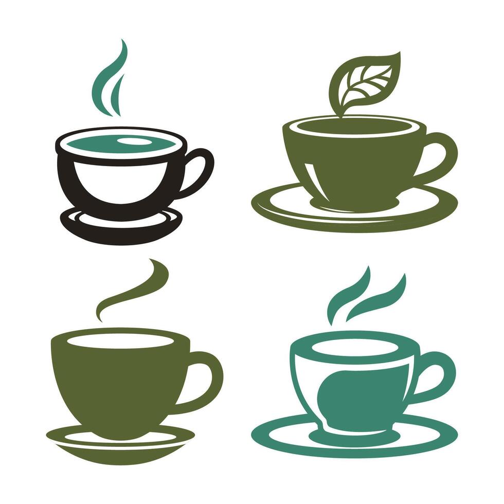 Set of A Cup of Hot Green Tea Herbal Healthy Drink with Foliage in Cafe vector