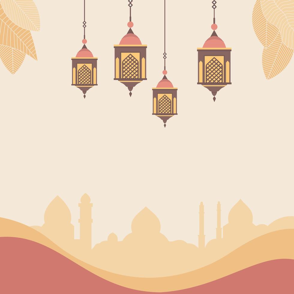 Empty Islamic Greeting Card Frame Background with Mosque Lantern Decoration vector