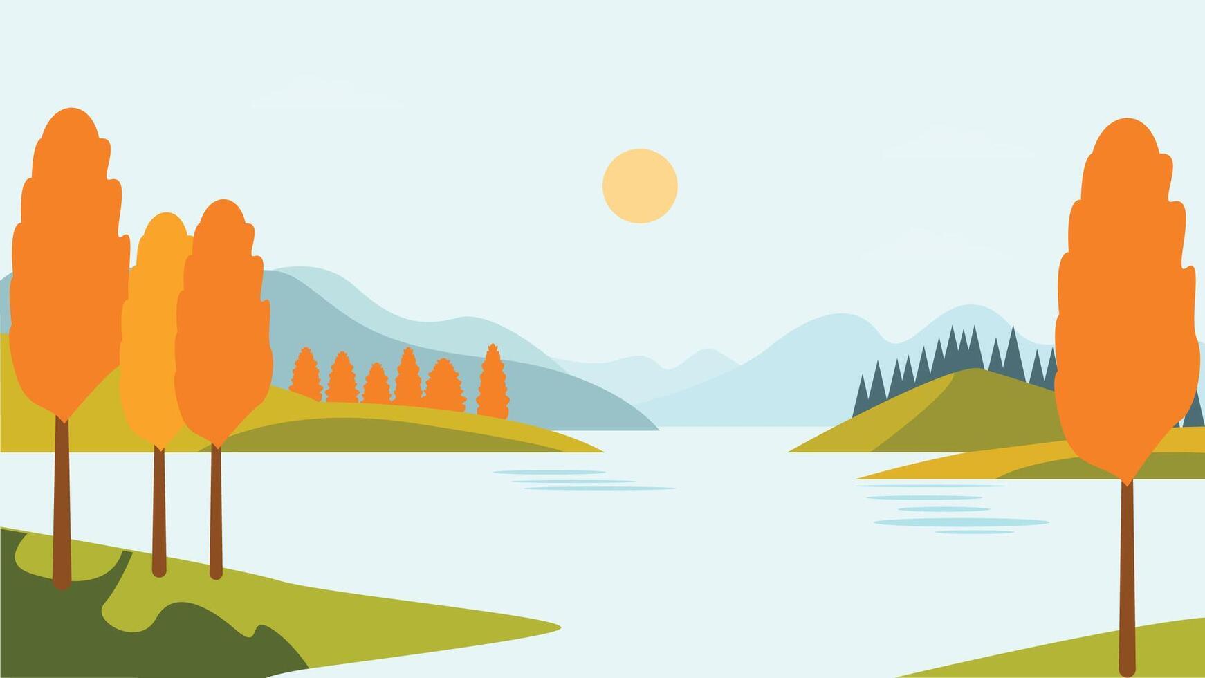 River Lake Nature Landscape with Hill Mountain and Sun in Bright Day in Autumn vector