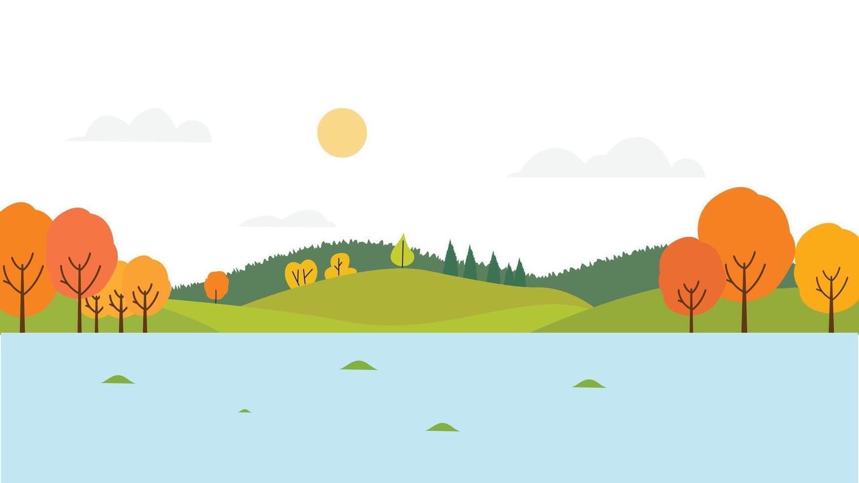River Lake Panorama Wallpaper with Hill Mountain and Sun in Bright Sky in Autumn Season vector