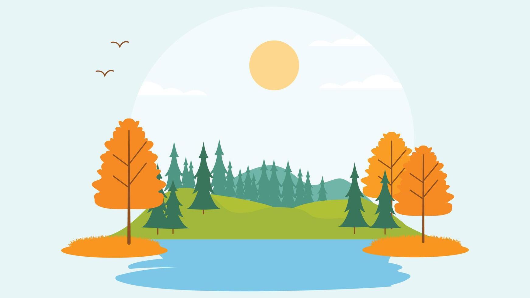 Beautiful River Lake Nature Scenery with Hill Mountain and Sun in Bright Sky in Autumn Season vector