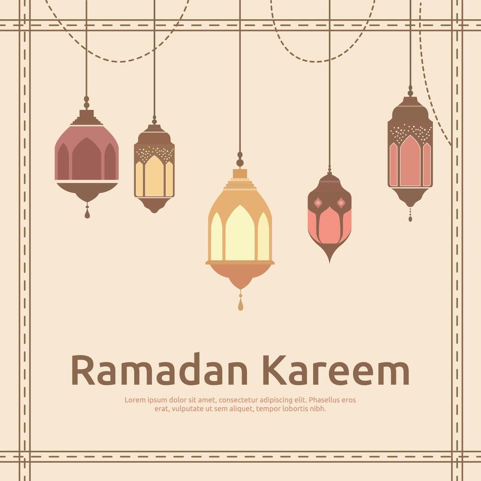 Ramadan Kareem Islamic Greeting Card Frame Background with Hanging Light Lantern Decoration vector