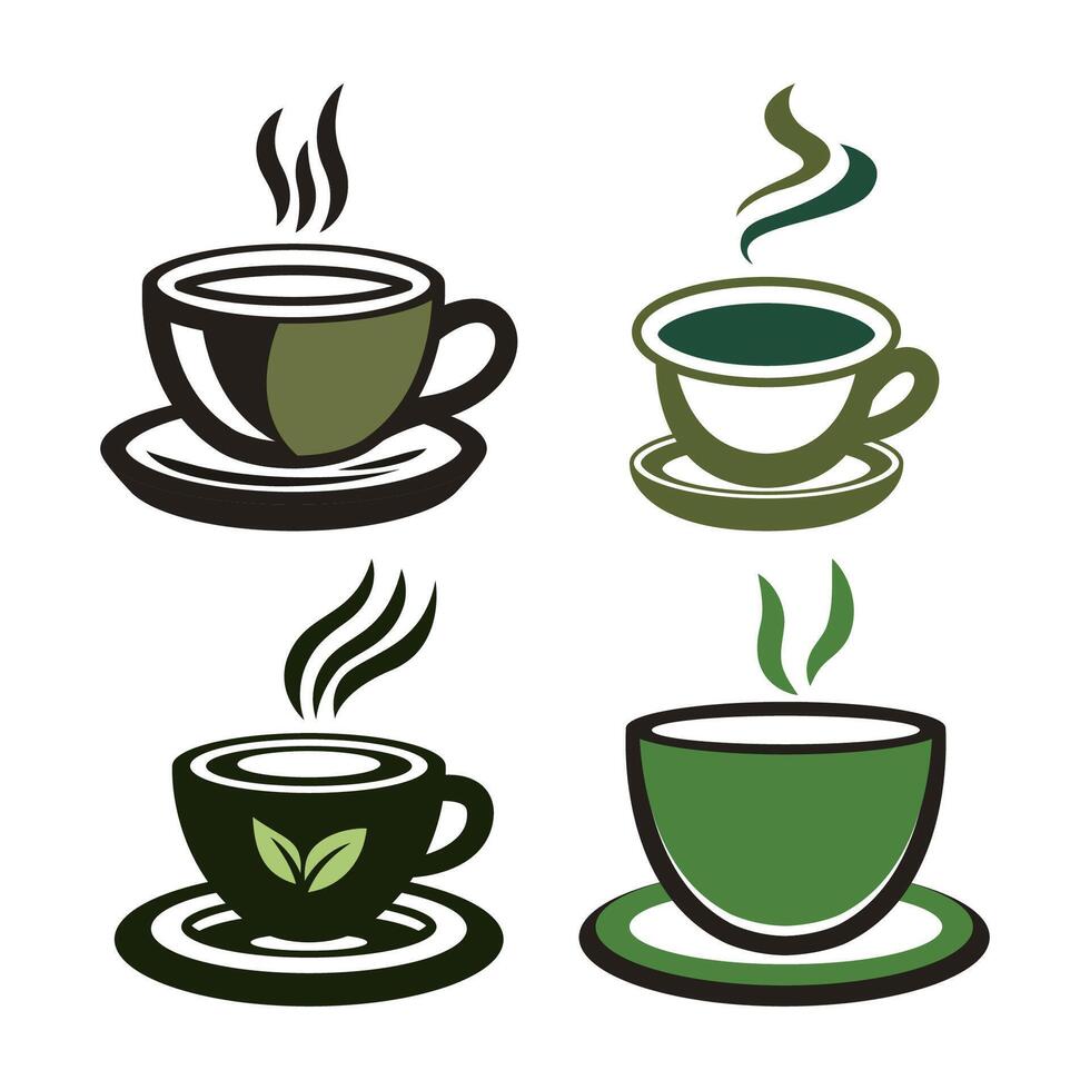 Set of A Cup of Hot Green Tea Aromatic Herb Healthy Drink with Leaves vector