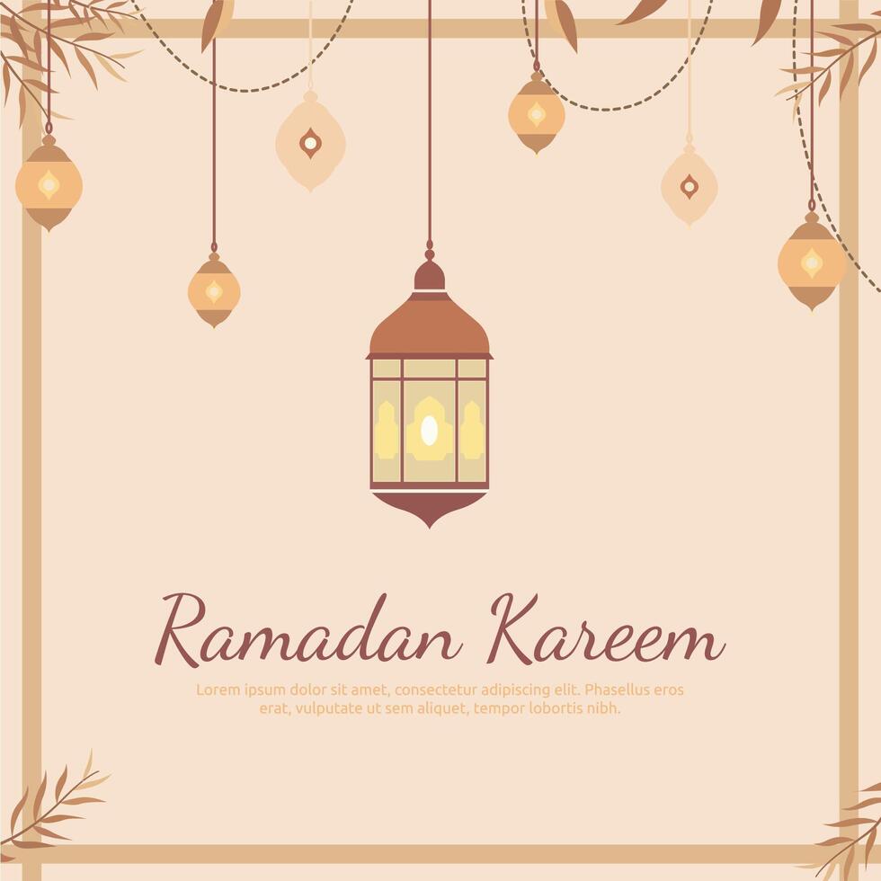 Ramadhan Kareem Islamic Greeting Card Frame Background with Hanging Lamp Light Lantern Decoration vector