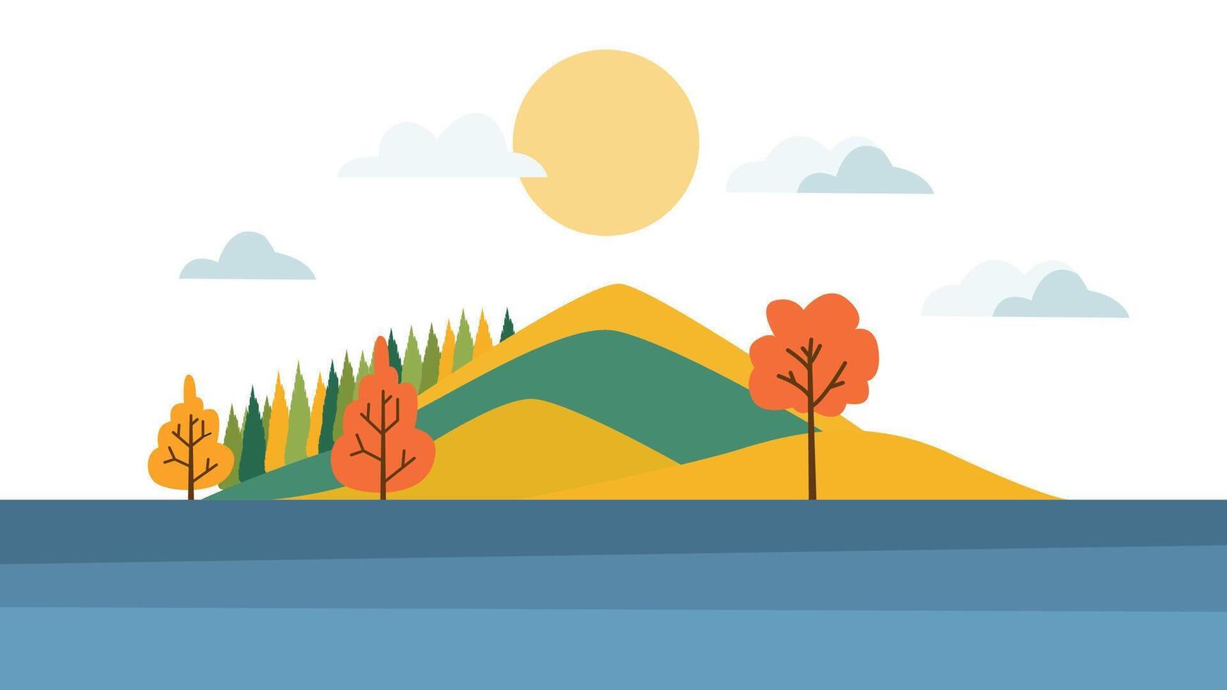 River Lake Landscape with Hill Mountain and Sun in Bright Sky in Autumn Season vector