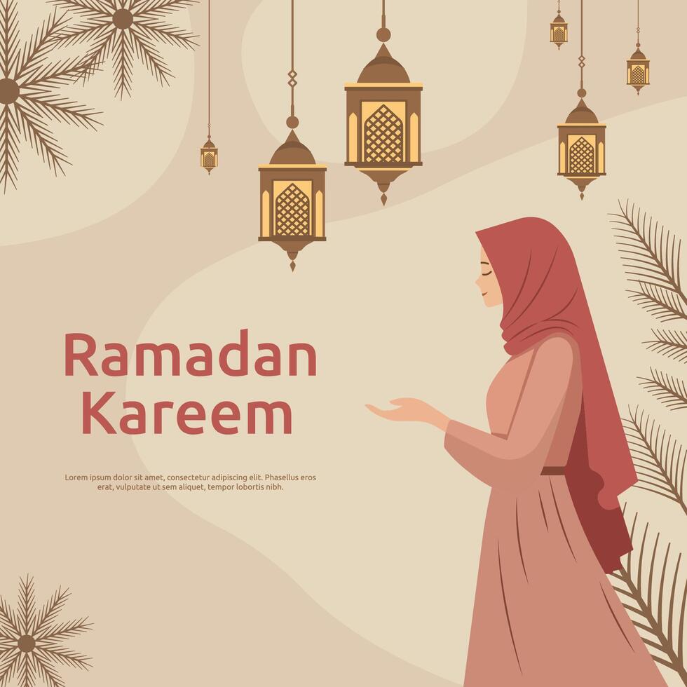 Ramadan Kareem Islamic Greeting Card Background with Muslim Female Character in Hijab vector