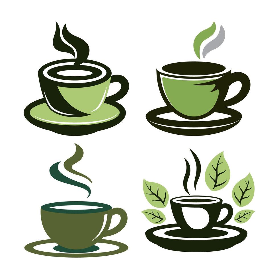 Set of A Cup of Hot Green Tea Herbal Healthy Drink with Nature Leaves in Cafe vector