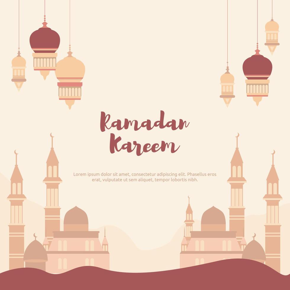 Ramadan Kareem Islamic Greeting Card Background with Mosque Lantern Decoration vector