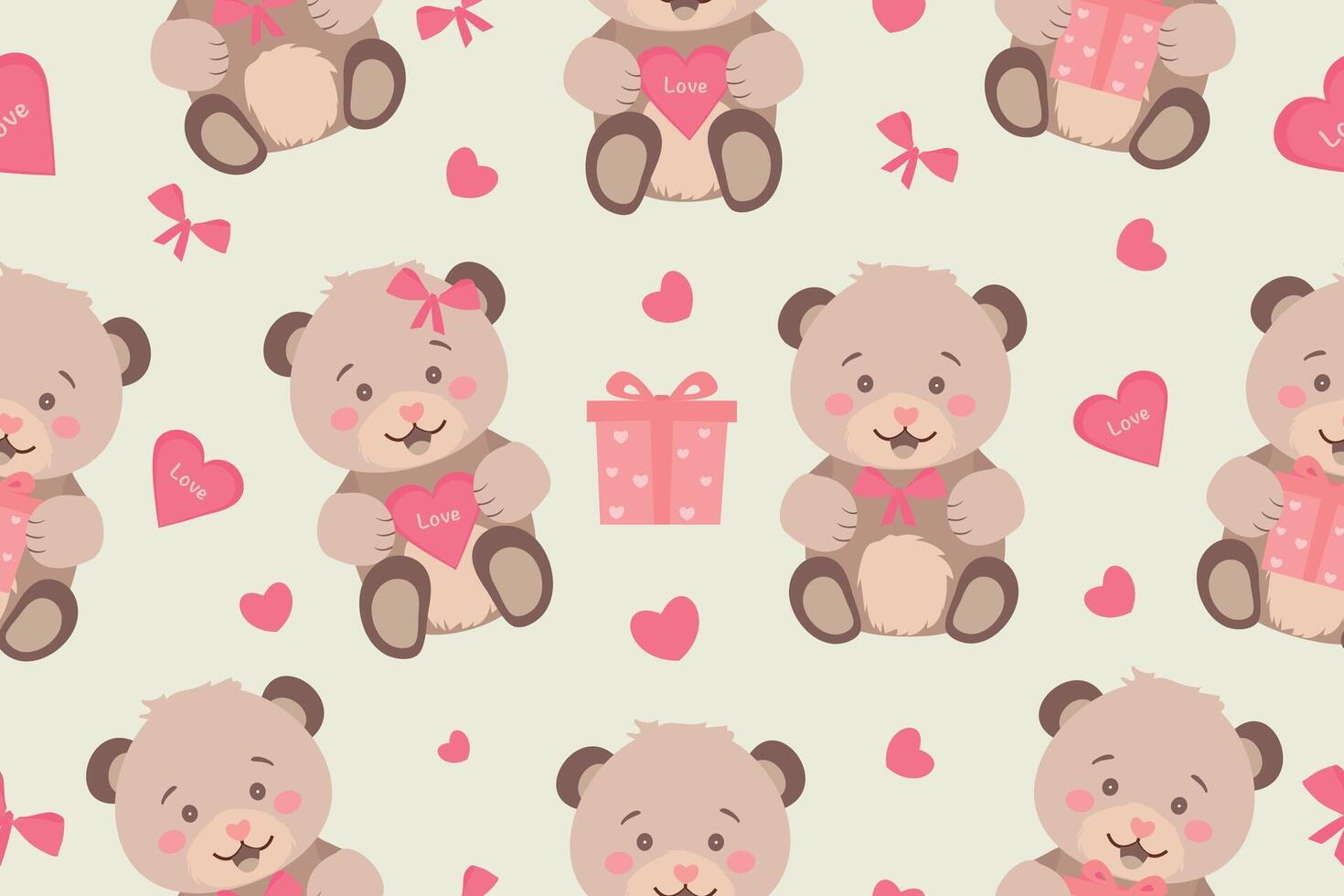 Seamless pattern with cute teddy bears and hearts in flat style on light background. Valentine's Day, Teddy Bear Day design. vector
