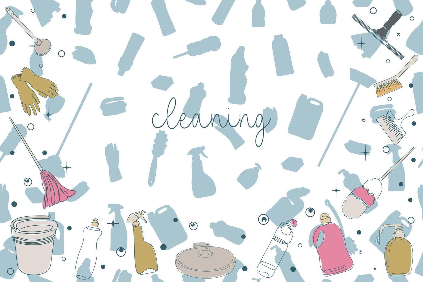 Cleaning equipment banner in doodle style. Cleaning line icons. Line of hand drawn equipment, cleaning products and tools for washing and disinfecting home, windows, mirrors. vector