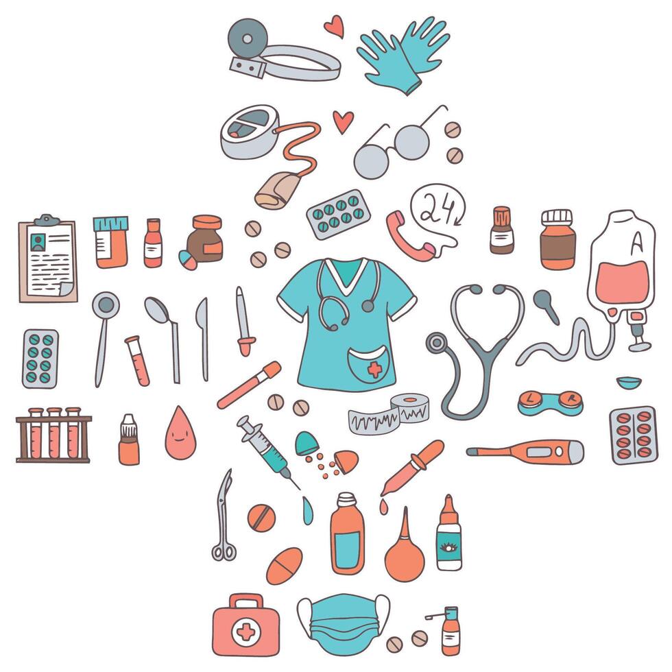 Hand drawn medical instruments. Healthcare, pharmacy, collection of colorful medical icons in doodle style in the form of a cross. vector