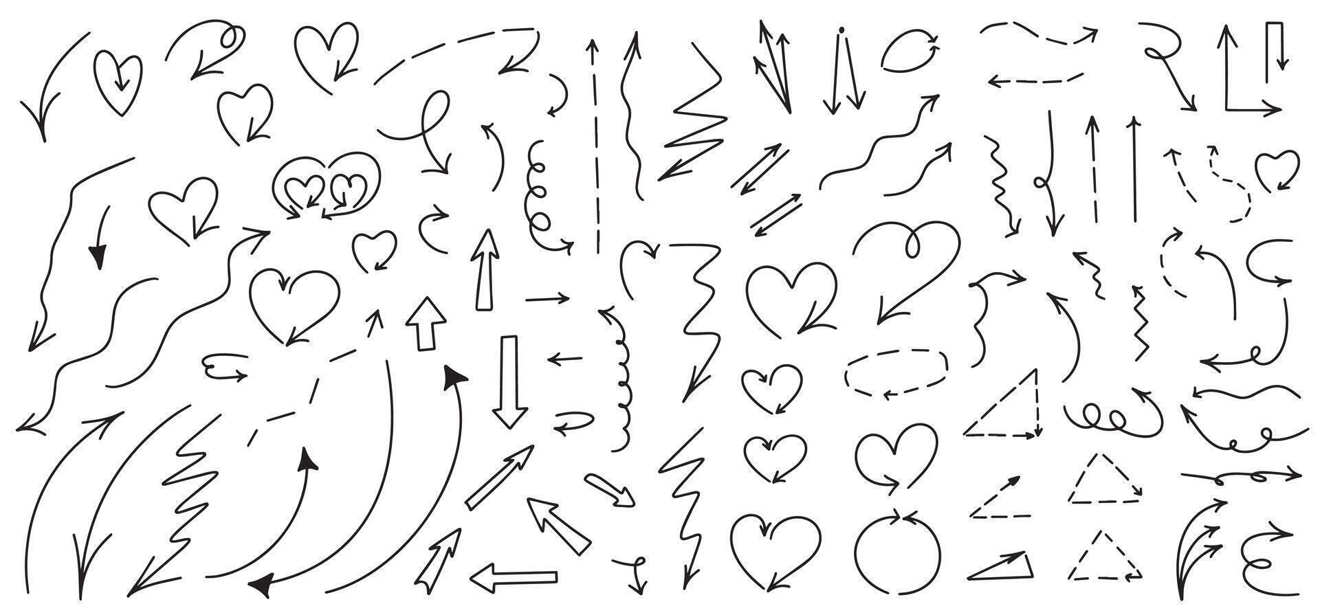 Hand drawn arrows and squiggles in different directions, creative shapes. . vector