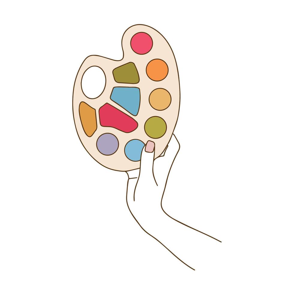 Artist's hand holding a multi-color palette. International Artist's Day. vector