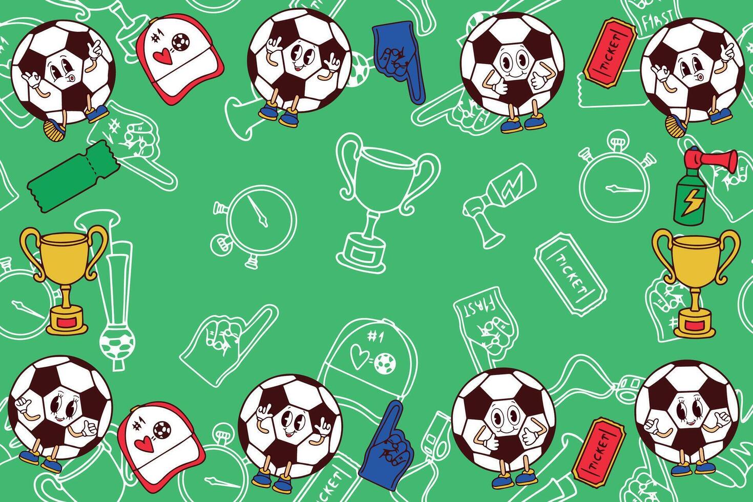 Background of cute funny happy soccer ball characters and football and fans attributes. Hand drawn Kawaii style football characters. . vector