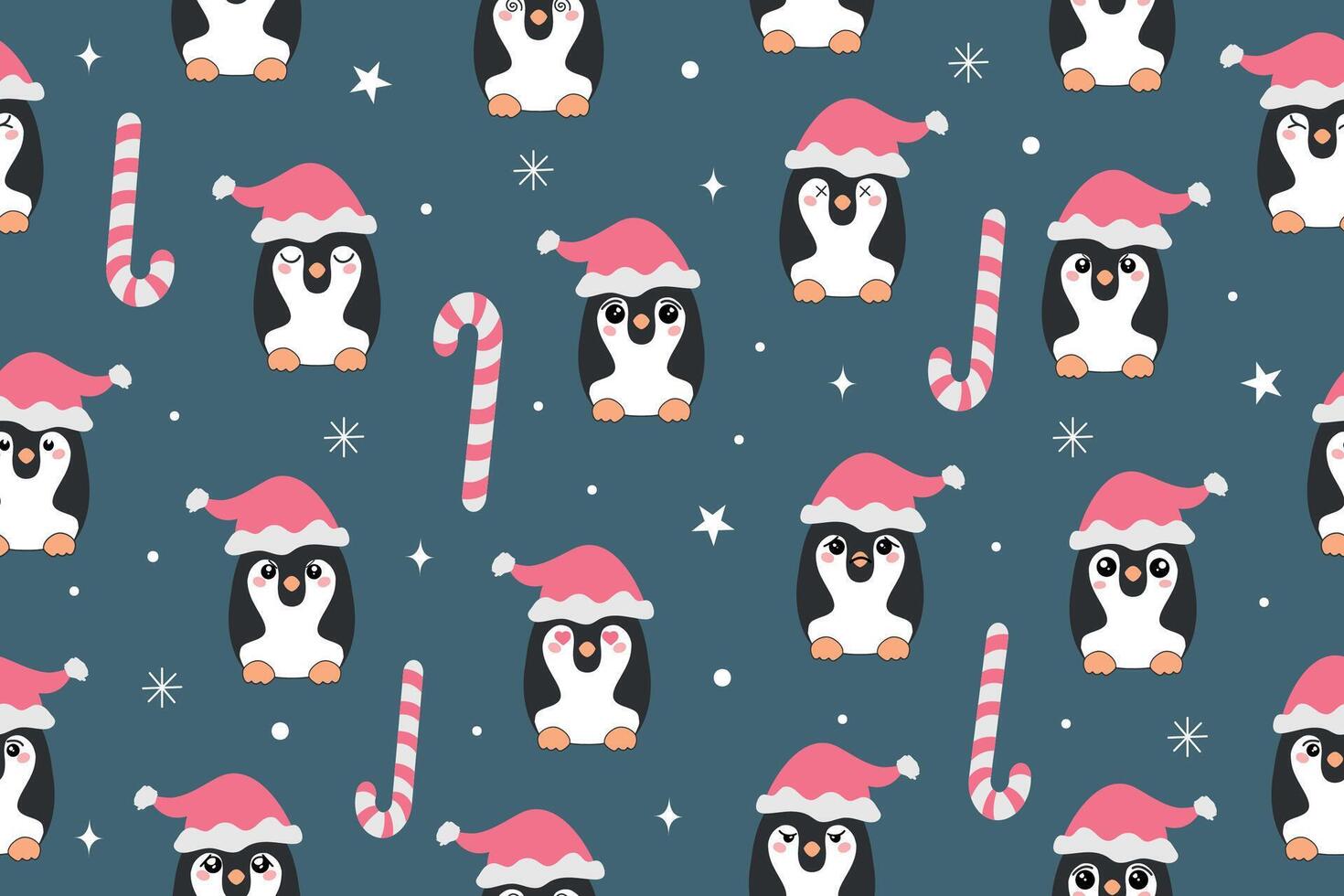 Christmas seamless pattern with cute penguins in Santa hats and snowflakes. Winter repeat texture with funny characters. Holiday print for kids fabric, wrapping paper. vector