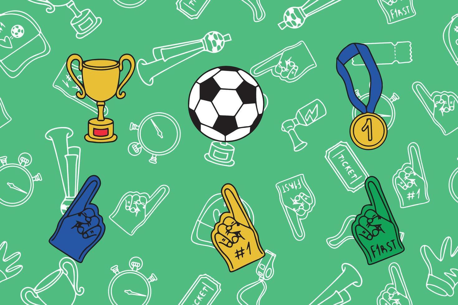 Football fan, foam fingers, cup, medal and ball. Sports concept. Foam fan hands. Sports fan finger attribute, support for football team. vector
