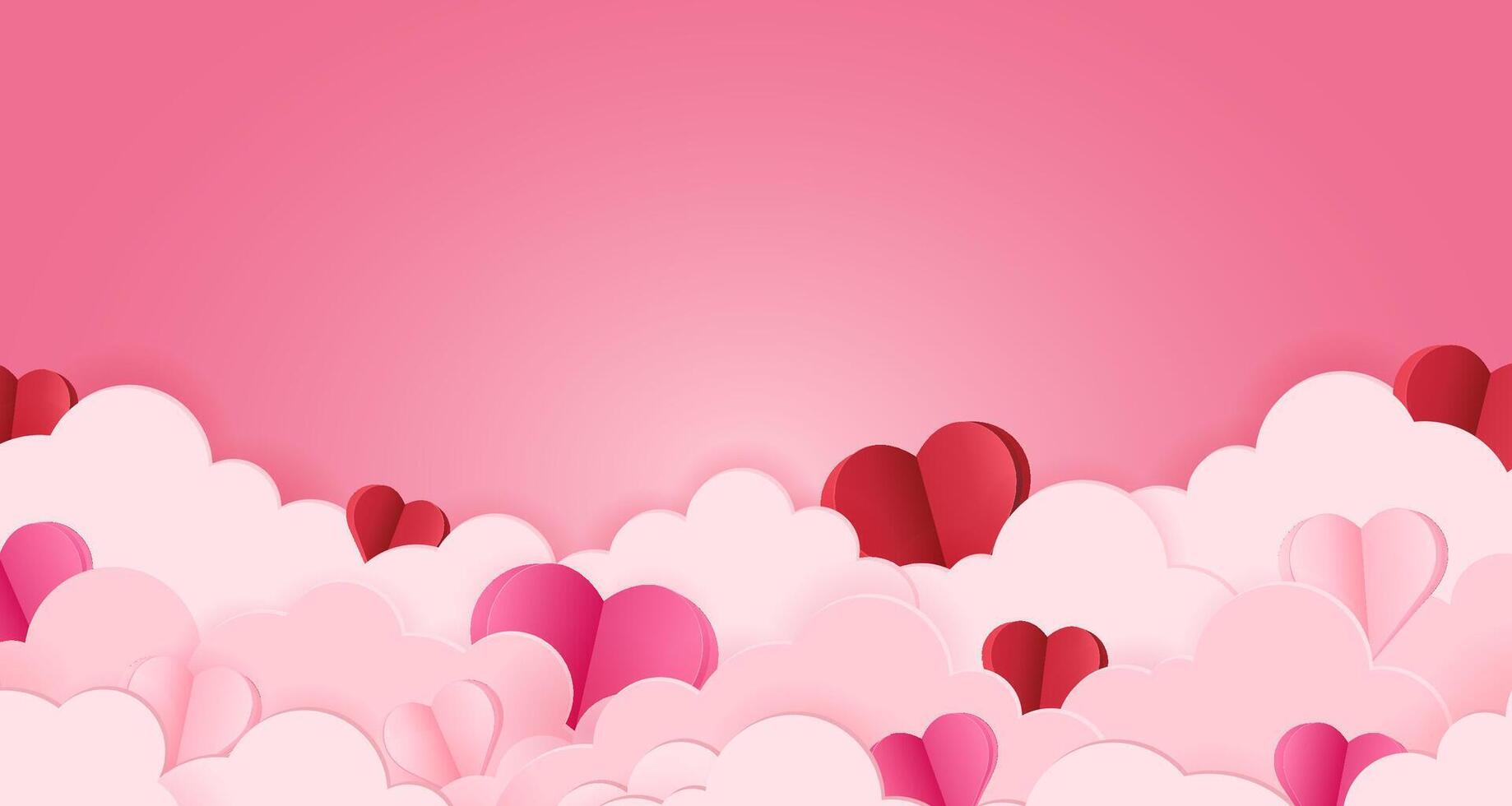 Pink background with fluffy clouds and hearts hidden in them. Valentine's Day card template in cut paper style with space for text. vector
