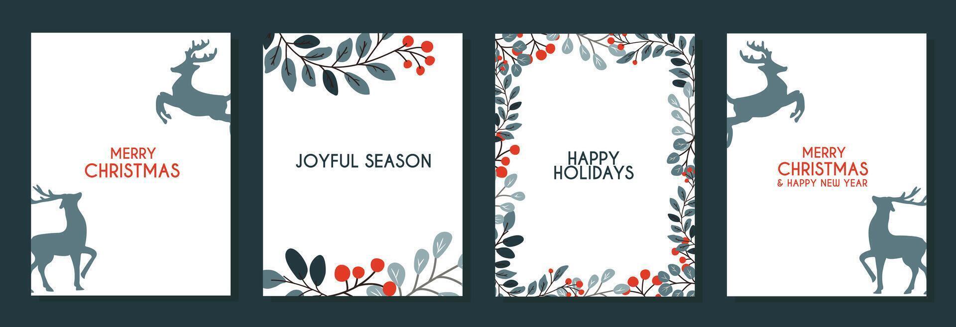 Holiday cards with deer, rowan branches and berries frames and greeting inscriptions. Winter art templates. vector