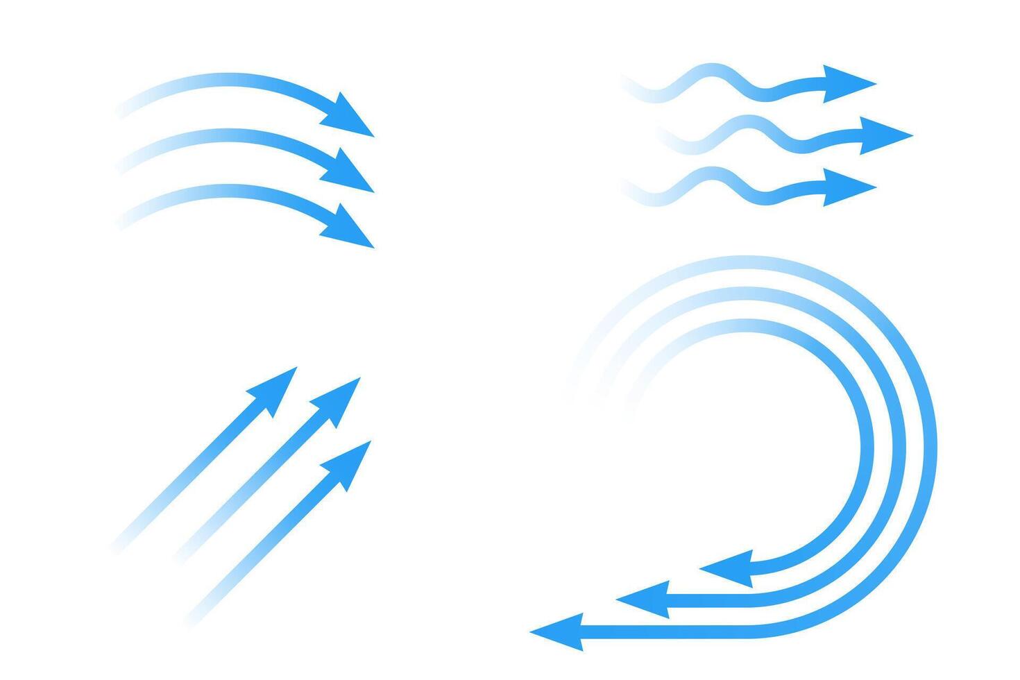 Air flow. Set of blue arrows showing direction of air movement. Wind direction arrows. Blue cold fresh stream from the conditioner. vector