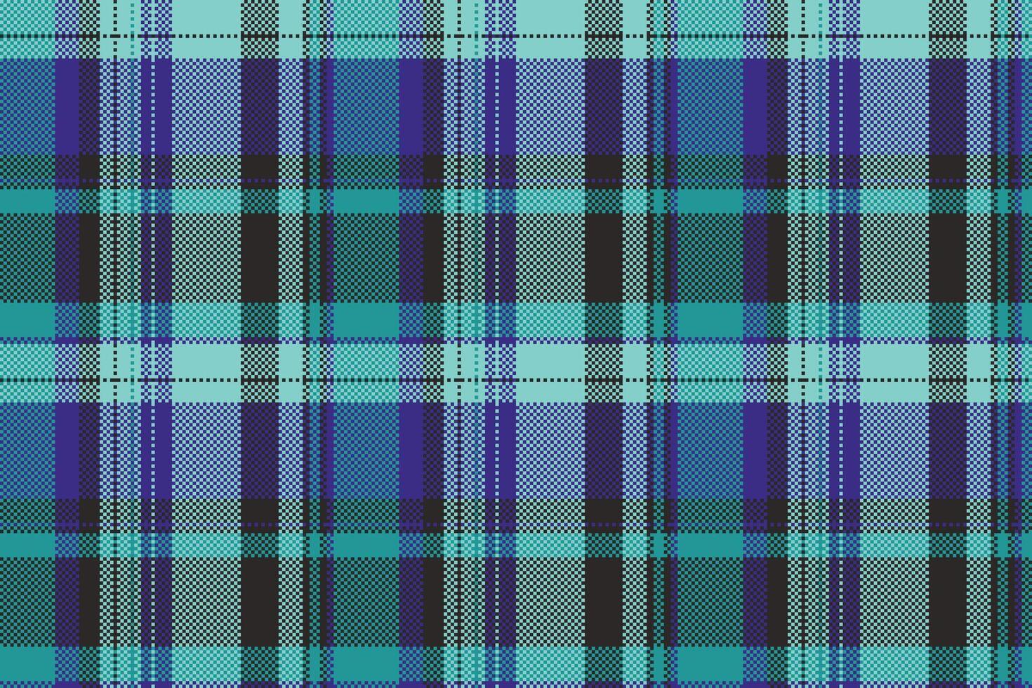 Fibrous plaid fabric seamless, unique texture background. Fuzzy tartan textile check pattern in teal and dark colors. vector