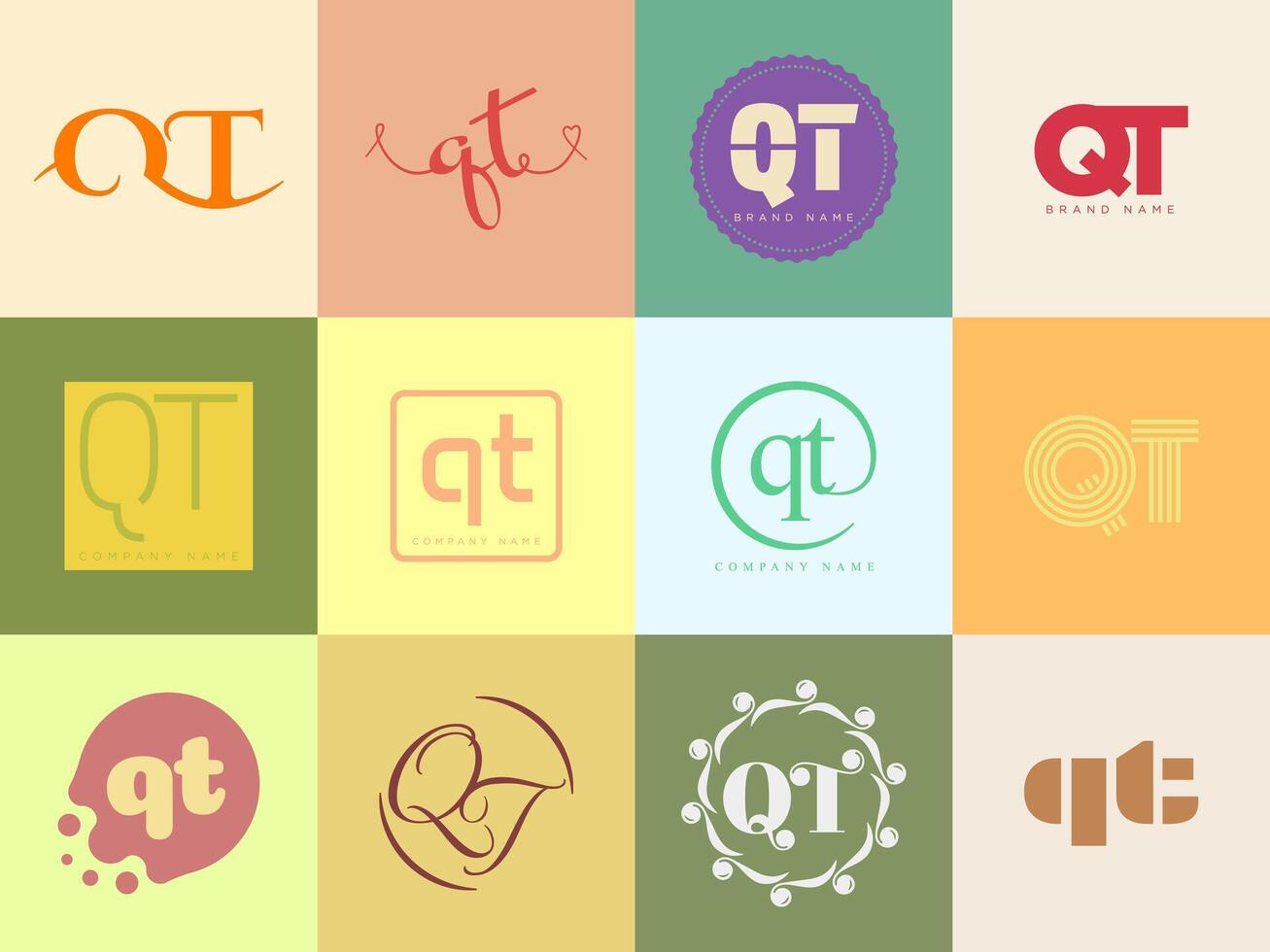 QT logo company template. Letter q and t logotype. Set different classic serif lettering and modern bold text with design elements. Initial font typography. vector