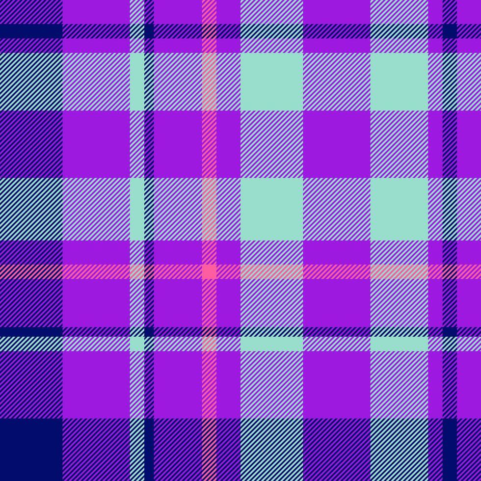 Uniform check seamless, pajamas textile tartan pattern. Ethnicity texture fabric plaid background in violet and teal colors. vector