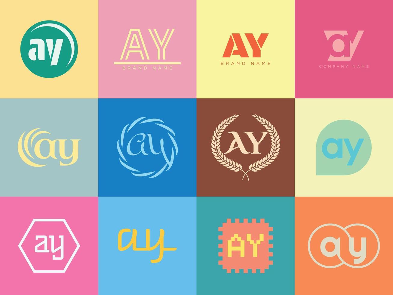 AY logo company template. Letter a and y logotype. Set different classic serif lettering and modern bold text with design elements. Initial font typography. vector