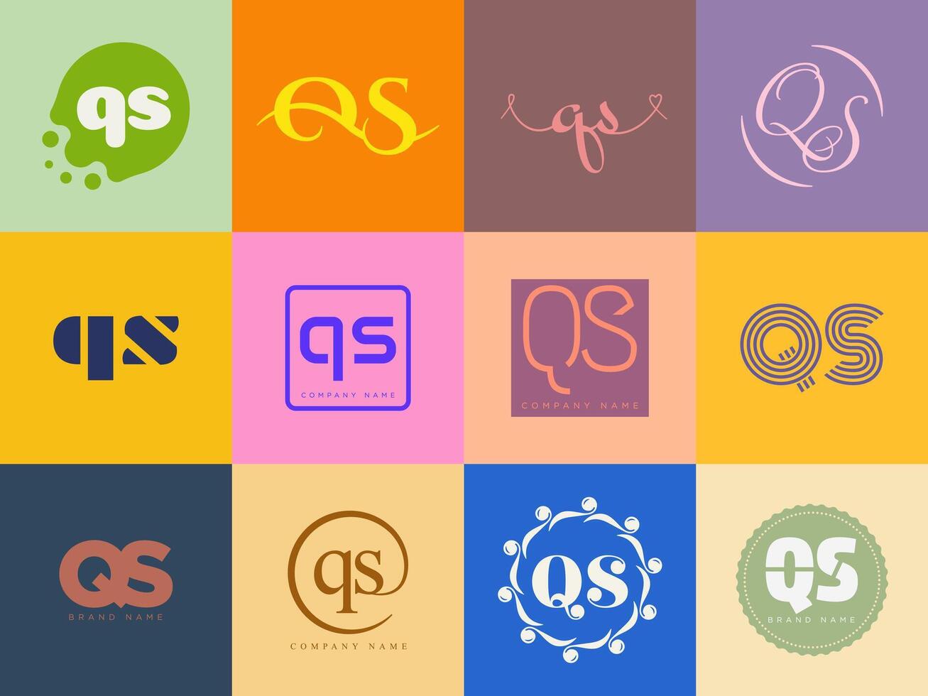 QS logo company template. Letter q and s logotype. Set different classic serif lettering and modern bold text with design elements. Initial font typography. vector