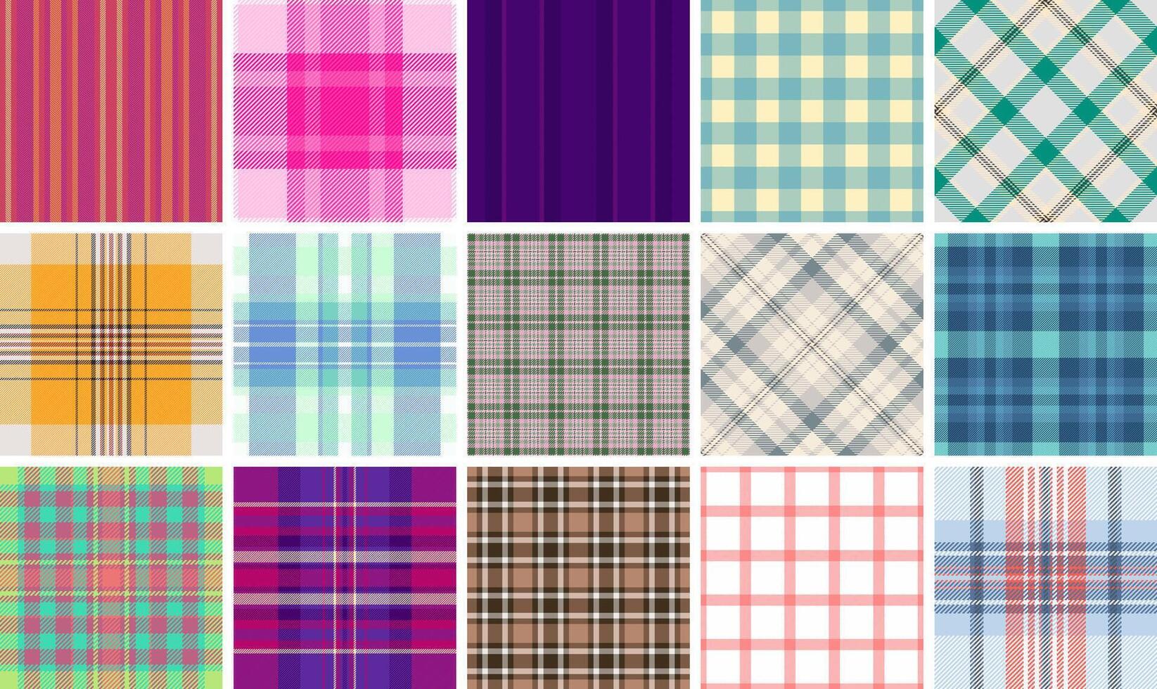 Fashionable plaid fabric designs with stripes and check patterns, perfect for repeating textile prints or trendy shirt materials. vector