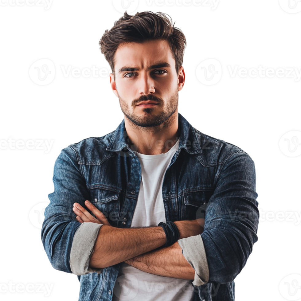 A man in a denim jacket standing with his arms crossed png