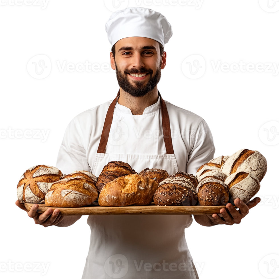 A man in a white uniform holding a tray of bread png