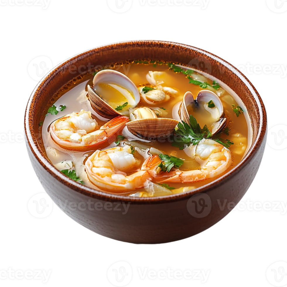 A bowl of soup with clams, shrimp and other seafood png