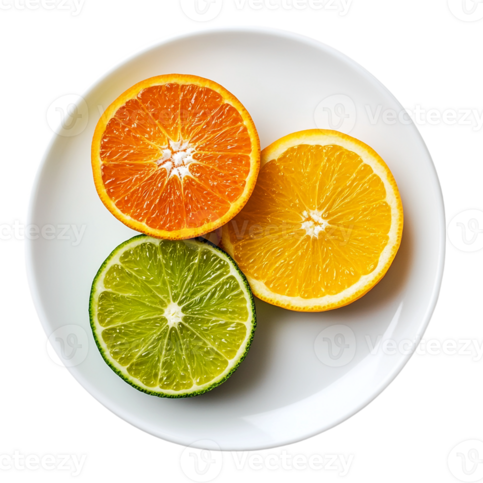 Three oranges and a lime on a plate png