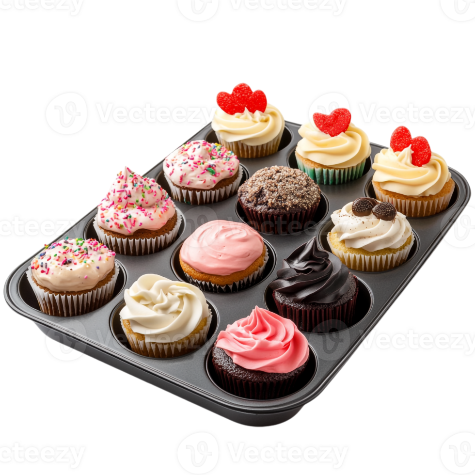 A tray of cupcakes with frosting and sprinkles png