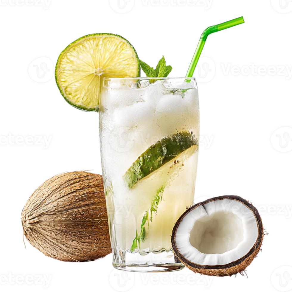 A glass of coconut water with lime and a lime wedge png