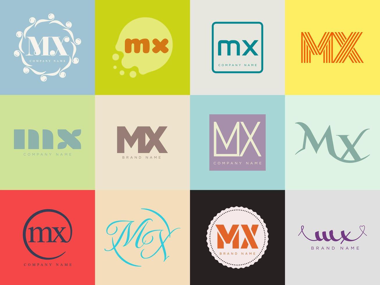 MX logo company template. Letter m and x logotype. Set different classic serif lettering and modern bold text with design elements. Initial font typography. vector