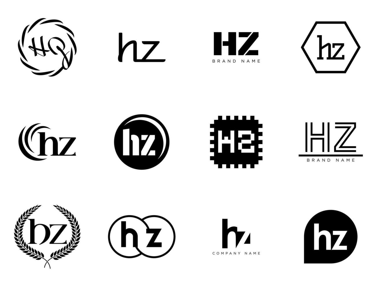 HZ logo company template. Letter h and z logotype. Set different classic serif lettering and modern bold text with design elements. Initial font typography. vector