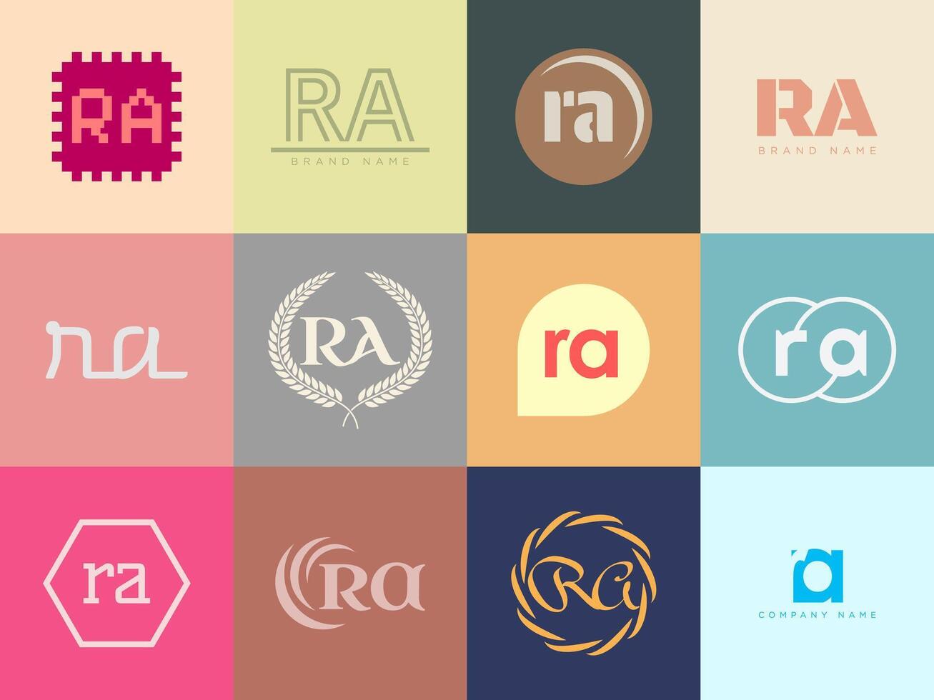 RA logo company template. Letter r and a logotype. Set different classic serif lettering and modern bold text with design elements. Initial font typography. vector