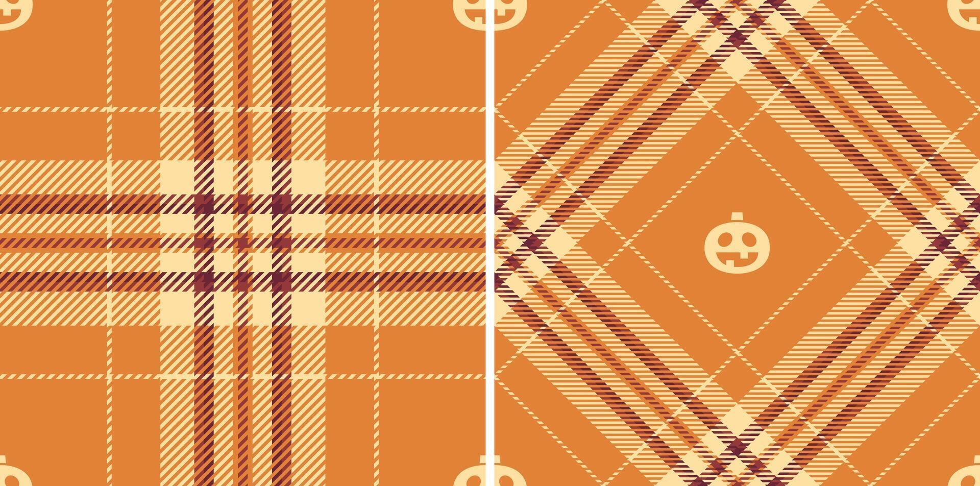 Halloween pattern with plaid stripes and pumpkins, spooky ghosts, and scary ornaments. Ideal for autumn background, textile, fabric, party decor, greeting cards, posters, or tiled wallpaper. vector