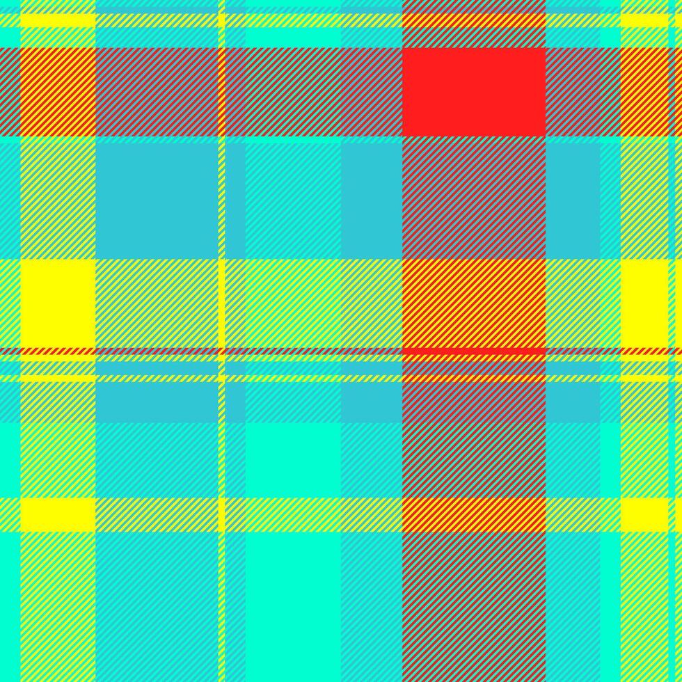 1960s fabric plaid, garment texture seamless pattern. Day tartan textile check background in cyan and bright colors. vector