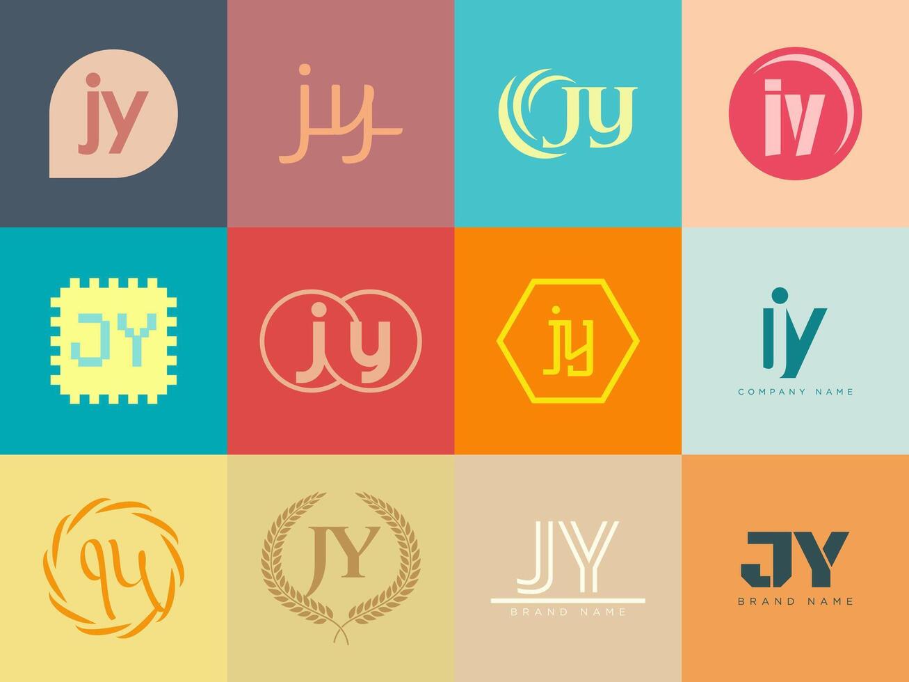 JY logo company template. Letter j and y logotype. Set different classic serif lettering and modern bold text with design elements. Initial font typography. vector