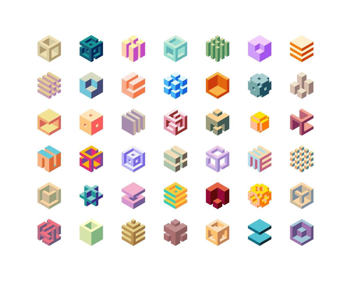 Cube logo, geometric design. Set box logotype company, trendy techno emblem in isometric 3D style. vector