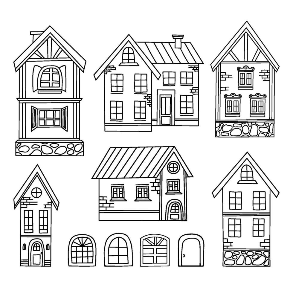 Collection houses doodles. Urban and rural different architecture. illustration. Isolated hand outline drawings. vector