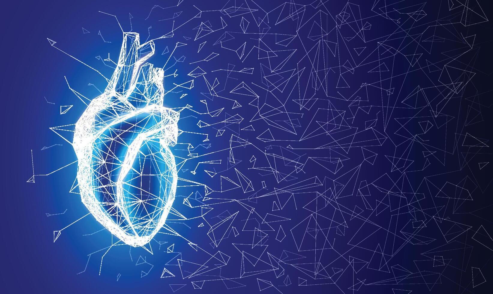 3D illustration of geometric structure connected to form a human heart shape on a dark blue background. Used in medicine, education, science, advertising and industry. vector