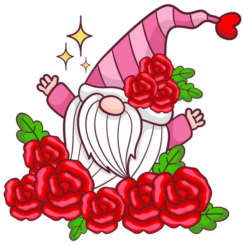 Happy Gnome with Roses in Valentines illustration by hand drawn. vector