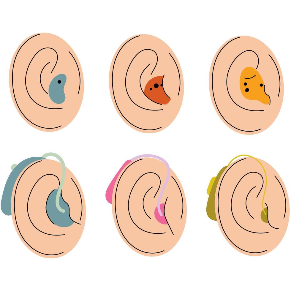 Ears with hearing aids, promoting diversity and accessibility.Health medical device vector