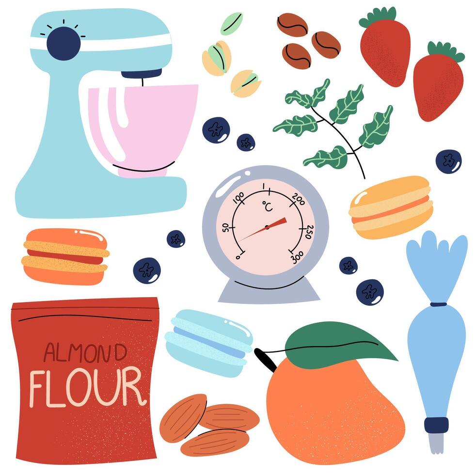 Macarons dessert with baking tools, ingredients, and flavor elements like berries, chocolate, mint and coffee. vector